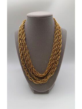 Vintage Gold Tone Multi 4 Strand Chain Necklace Heavy Layered Statement
